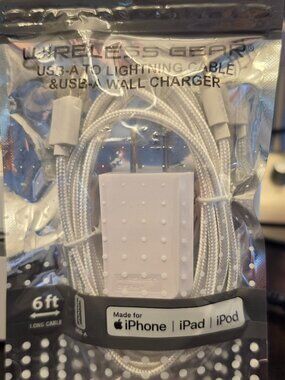 Wireless Gear USB-A to lighting cable & USB-A wall charger 6' white